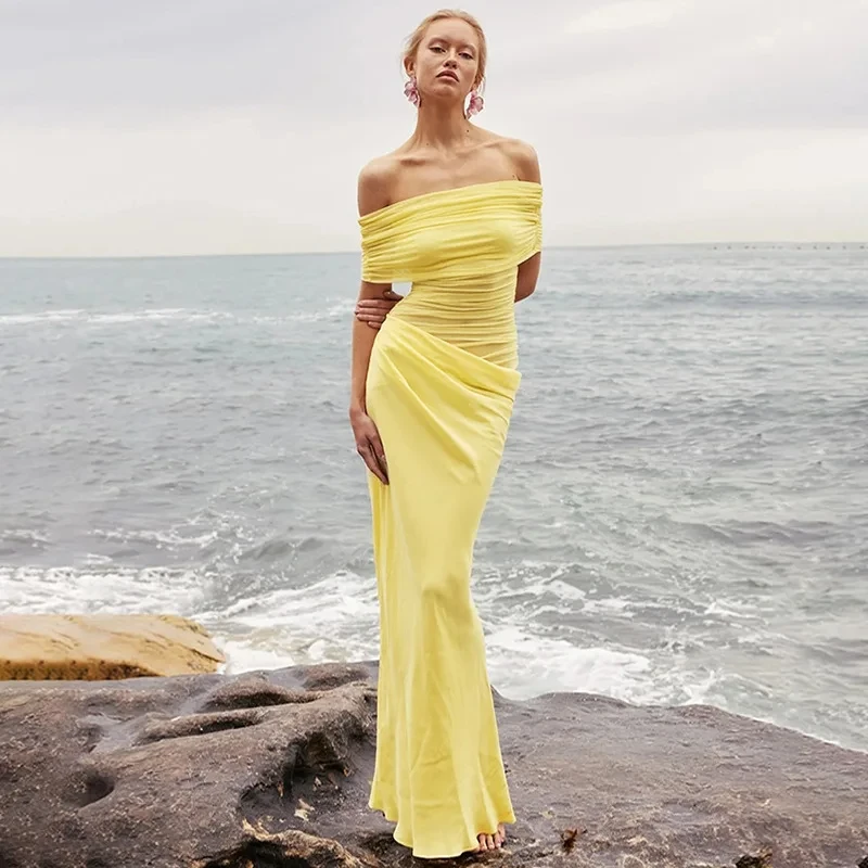

Off Shoulder Long Dress For Women Aesthetic Clothes See Through Mesh One Piece Hollow Out Folds Robe Femme Y2k
