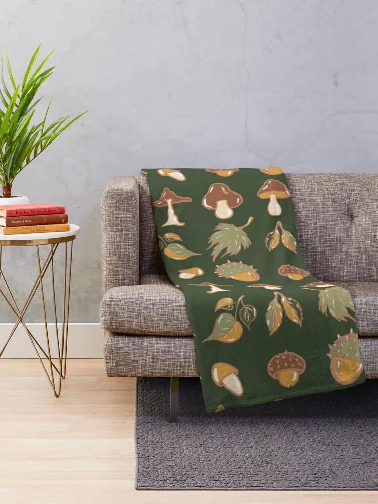 autumn, leaf fall, different types of mushrooms, leaves, chestnut set, food, icon, illustration, summer, collectio Throw Blanket