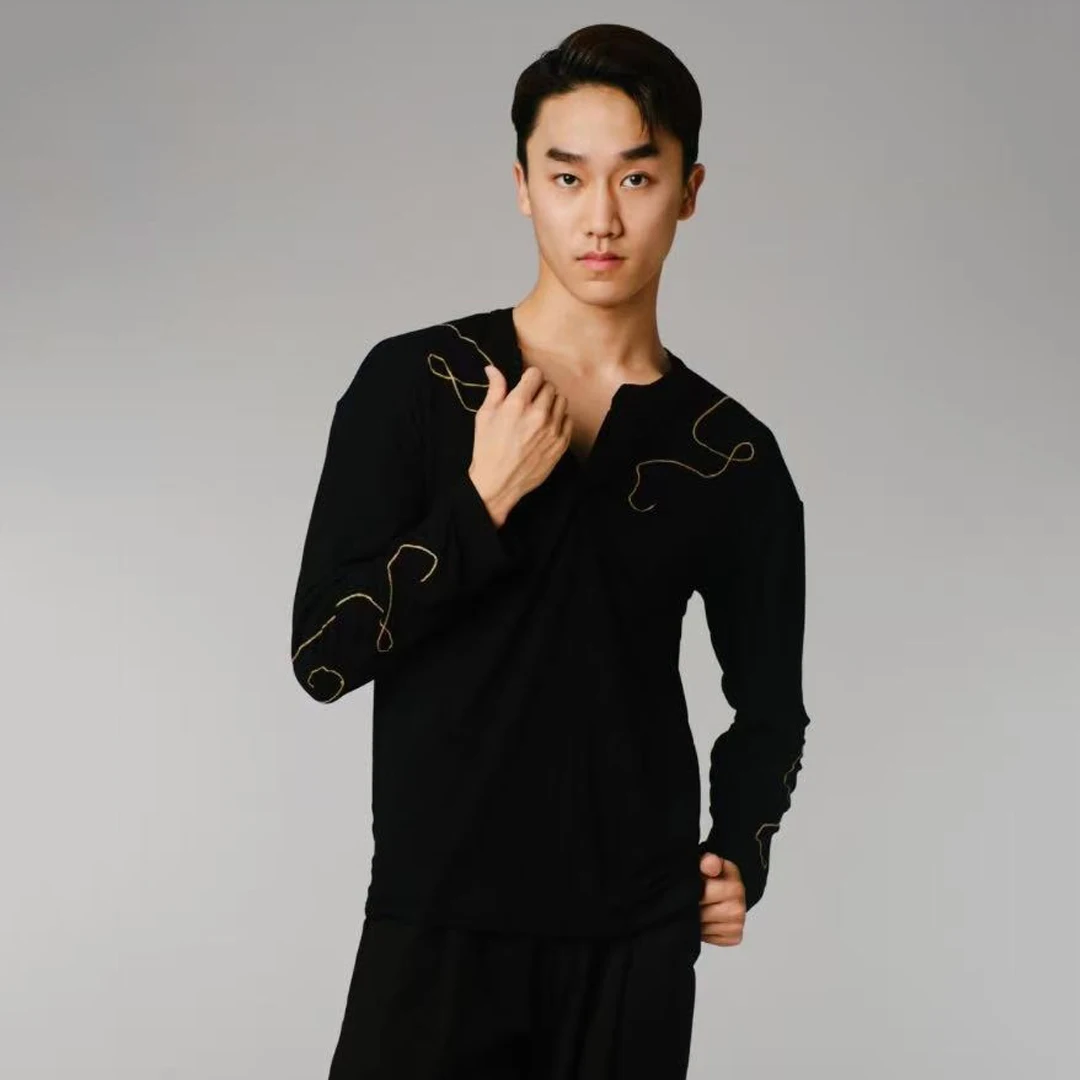 

Новые черные топы для латинских танцев, мужская одежда для танцевальных тренировок, мужской костюм для румбы, ча-ча-ча, топы для латинских танцев, DNV25016