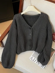Women Dark Grey Cardigan Knitted Sweater Harajuku Korean Y2k Long Sleeves V-Neck Cashmere Sweaters Vintage 2000s Clothes Autumn