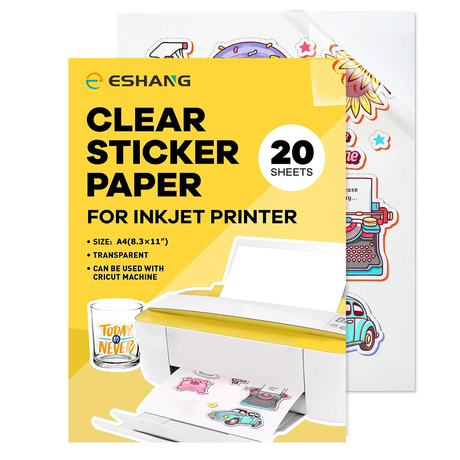 20 Sheets A4 Printable Vinyl Sticker Paper Transparent and not waterproof 8.3 x 11.7 Inch Dries Quickly Vivid Colors For Inkjet