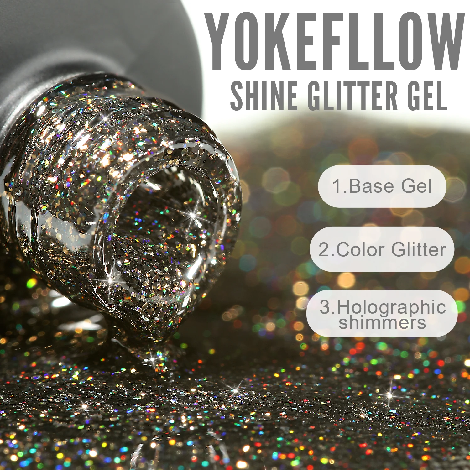 YOKEFELLOW 10ml Black Glossy Reflective Gel Nail Polish Base Top Coat Soak Off UV LED Art Varnish Manicure Nail Gel Bottle