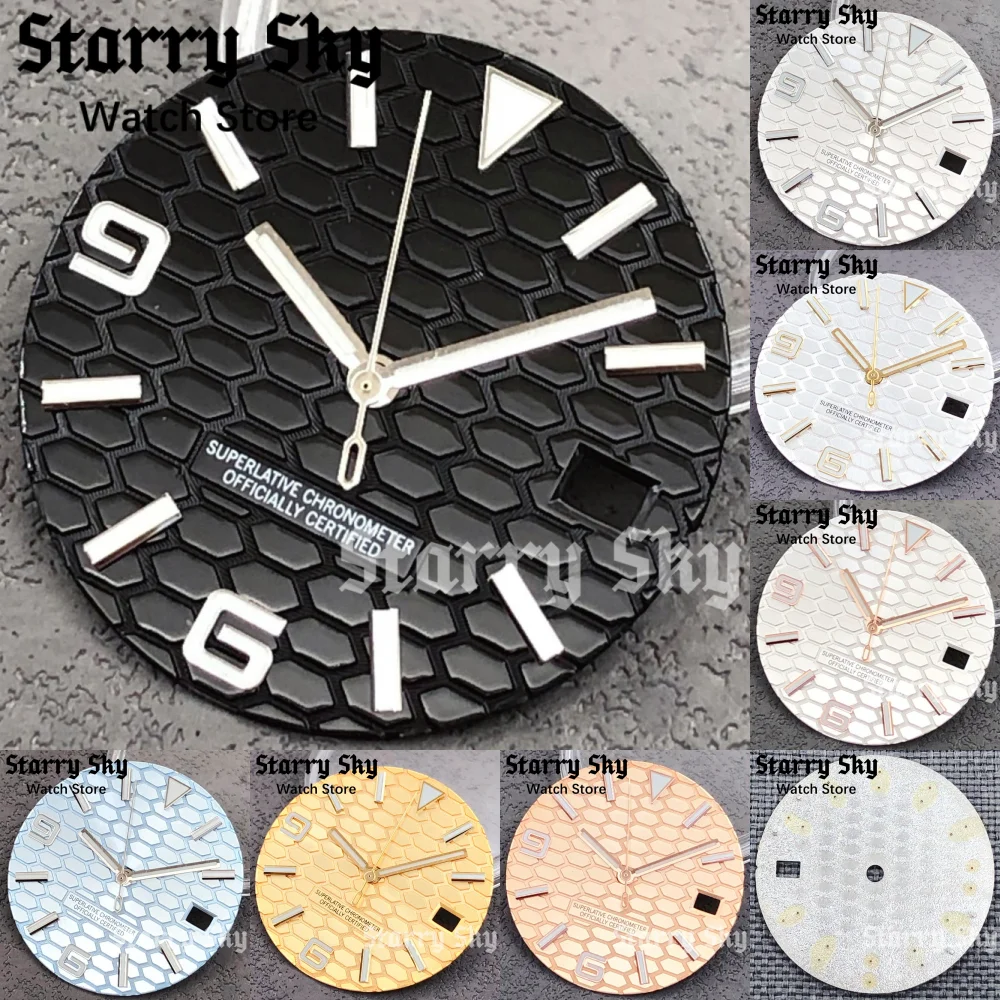 Starry Sky 29mm Honeycomb Pattern Number Watch Dial With Blue/Green Luminous Watch Hands Fit NH35 Automatic Movement Watch Parts