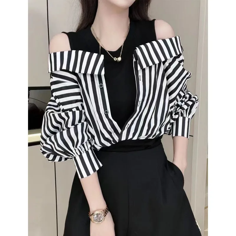 Korean Casual Striped Spliced Fake Two Pieces Shirt for Female Fashion All-match Off Shoulder Blouse Autumn Women\'s Clothing