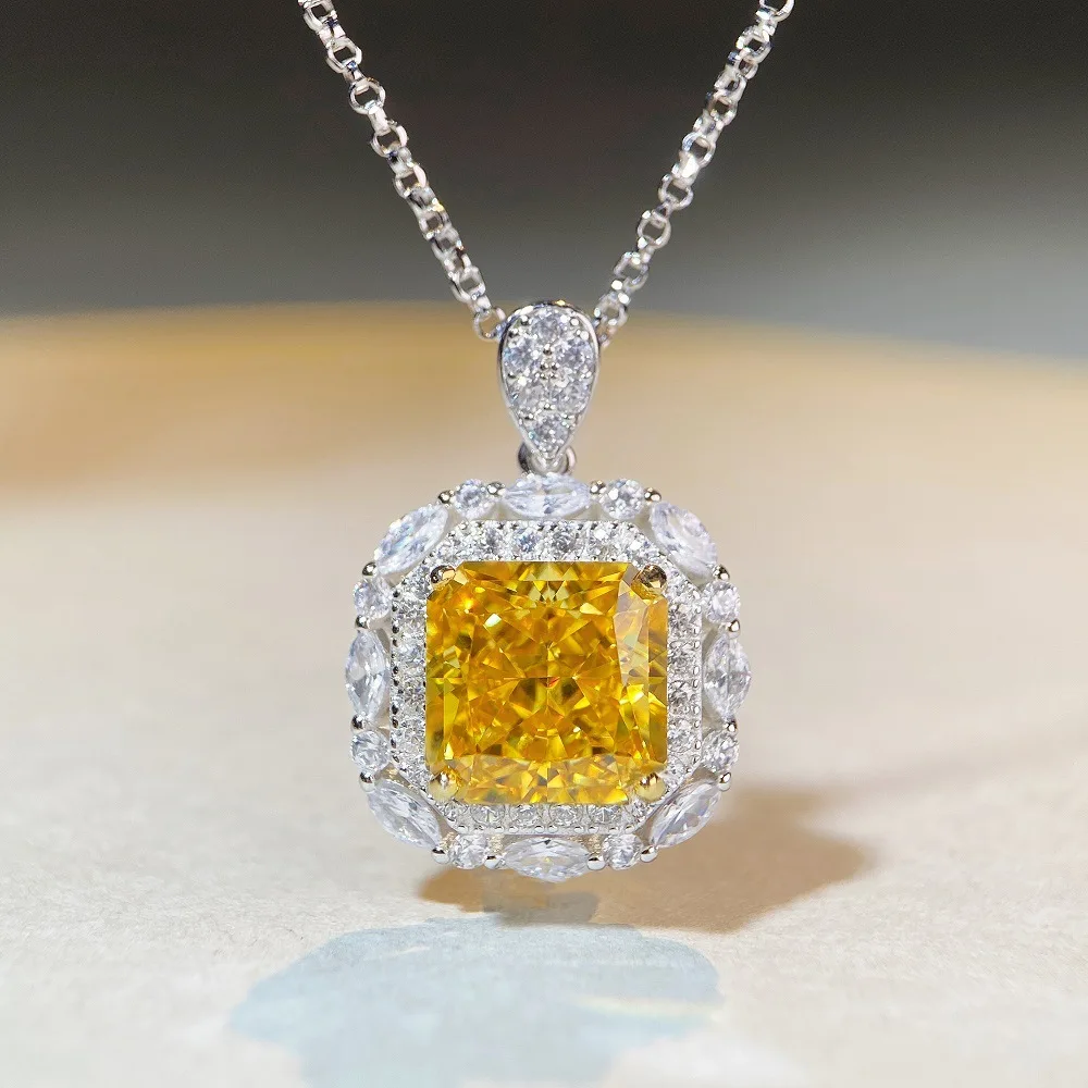 PT950 platinum necklace with Radiant Cut pendant, collar chain, handcrafted and heavily set with yellow diamonds