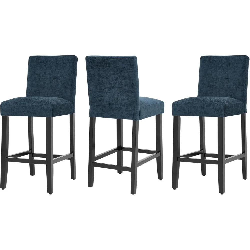 

26'' Velvet Chenille Bar Stools Set of 3, Modern Upholstered Bar Height Bar Chairs, Soild Wood Legs Barstools with Back