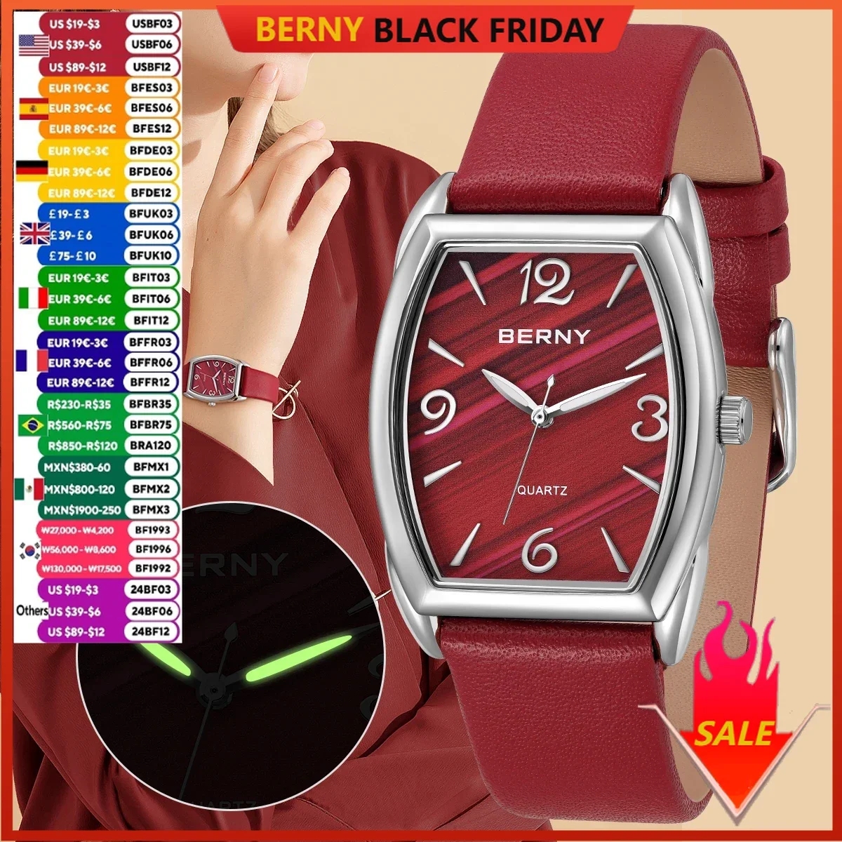 BERNY Watch for Women Luminous Ultra-thin Lightweight Elegant Ladies Quartz Watches Leather Strap Waterproof Dress Wristwatch