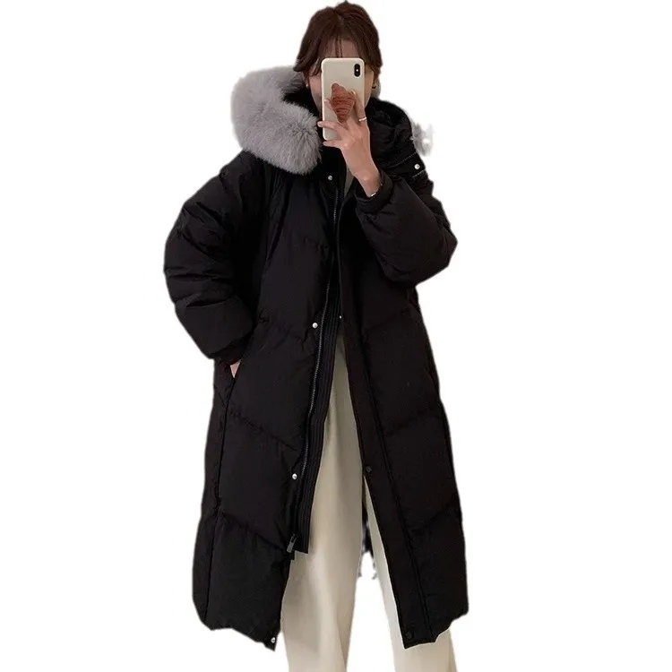 2024 Winter New Korean Edition White Goose Down Jacket for Women, Hooded, Large Hairy Collar, Long, Over Knee, Loose, Thick Coat