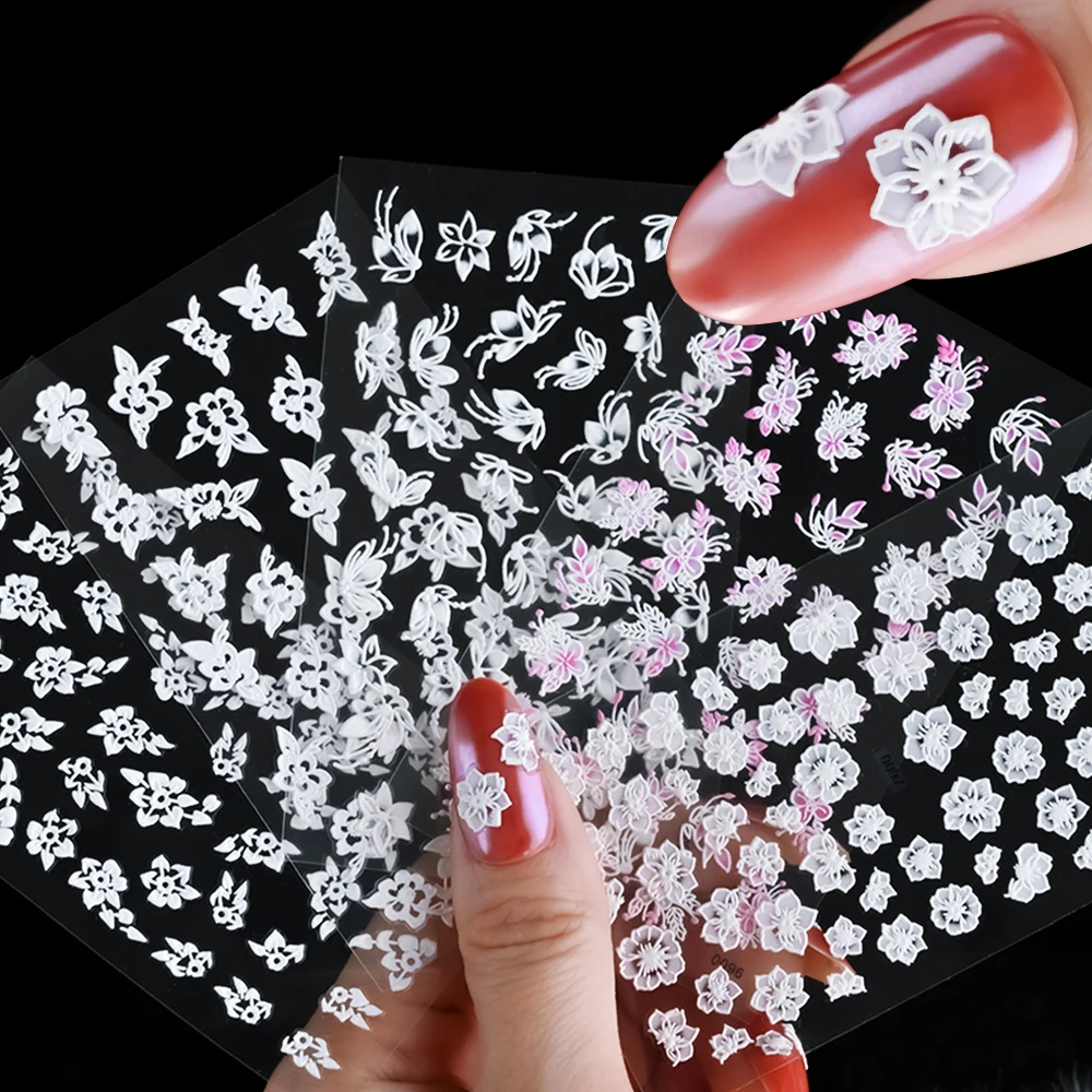 5D Blossom Pink White Floral Nail Stickers Embossed Lace White Bride Gel Polish Nail Decal 8*10cm Pink Flowers Manicure Slider