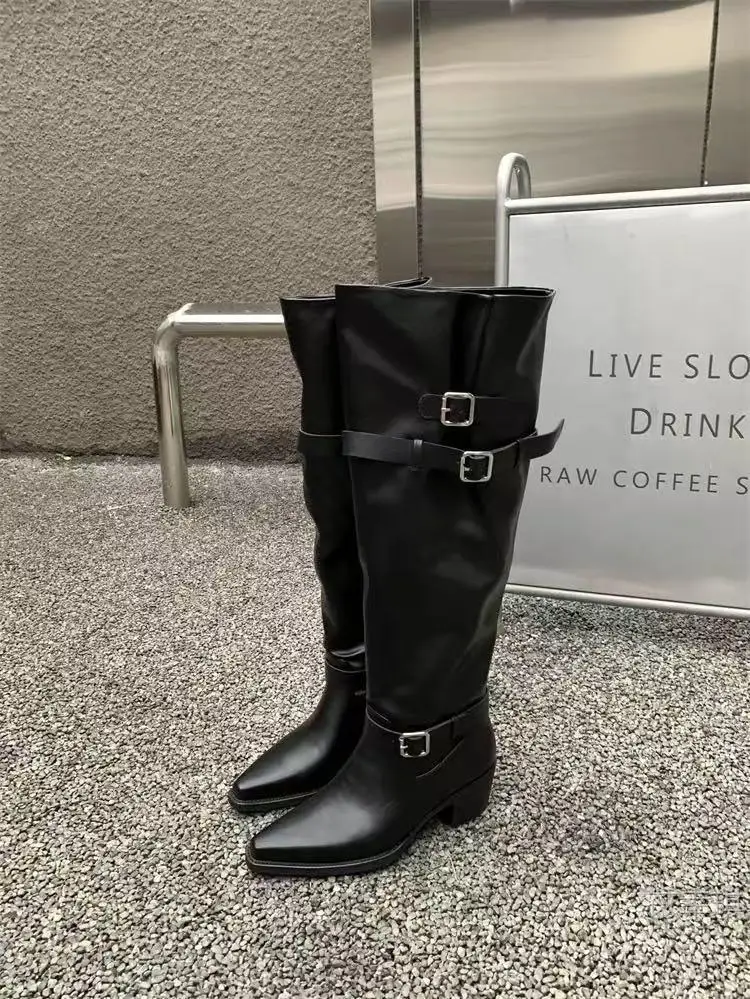 Fashion Buckle Strap Female Shoes Solid Pointed Toe Women Boots Knee High Ladies Long Botas Thick Heels Zapatos Mujers