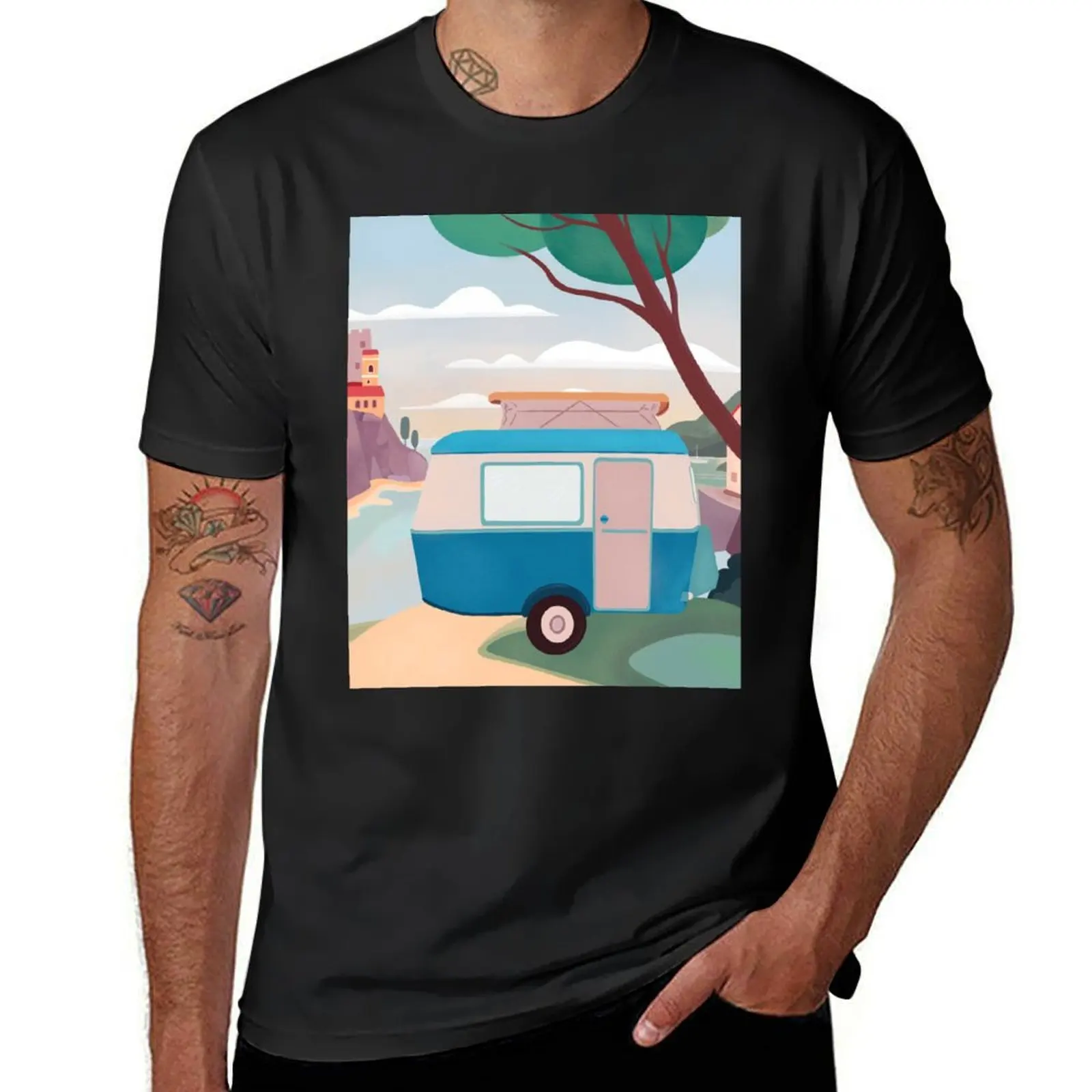 Vintage Caravan by the Sea T-Shirt shirts graphic tees anime clothes heavyweights men t shirt