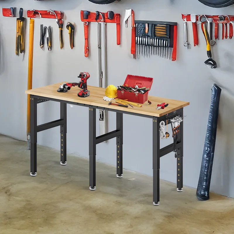 منضدة عمل قابلة للتعديل مقاس 72 بوصة، طاولة عمل خشبية مطاطية شديدة التحمل بوزن 5000 رطل مع لوحة بيجب بمنفذ طاقة لورشة المرآب المنزلية #6