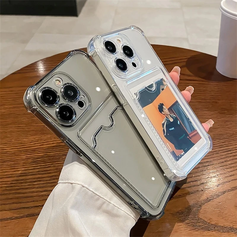 Transparent Card Slot Bag Holder Phone Case For iPhone 16 15 14 13 12 11 Pro Max XR Clear Wallet Silicone Shockproof Back Cover image 3