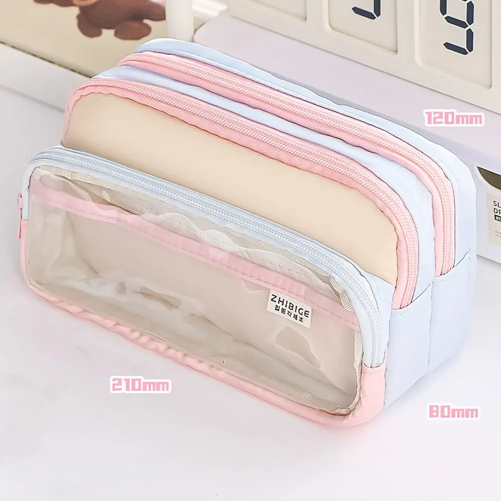 4 Layers Pencil Case Large Capacity Color Stitching DIY Badge Pen Bag Transparent Window Multi-functional