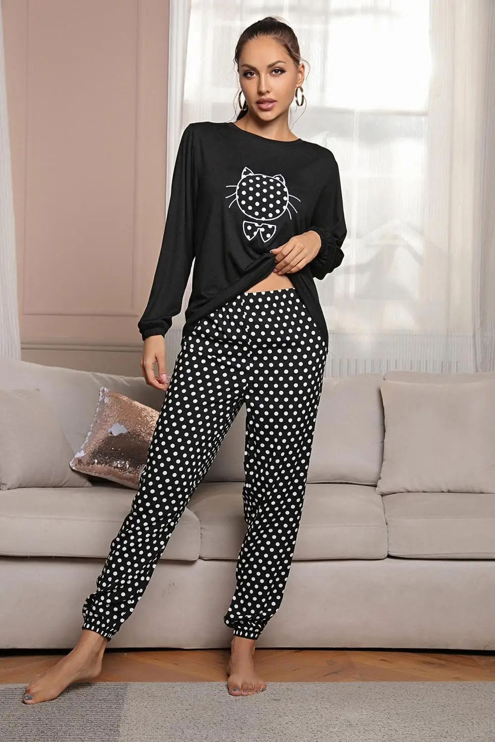 Women\'s Pajama Set Cute Cat Print Long Sleeves Top and Pants Sleepwear Dot Trousers 2 Pices Winter Female Like Homewear Suit