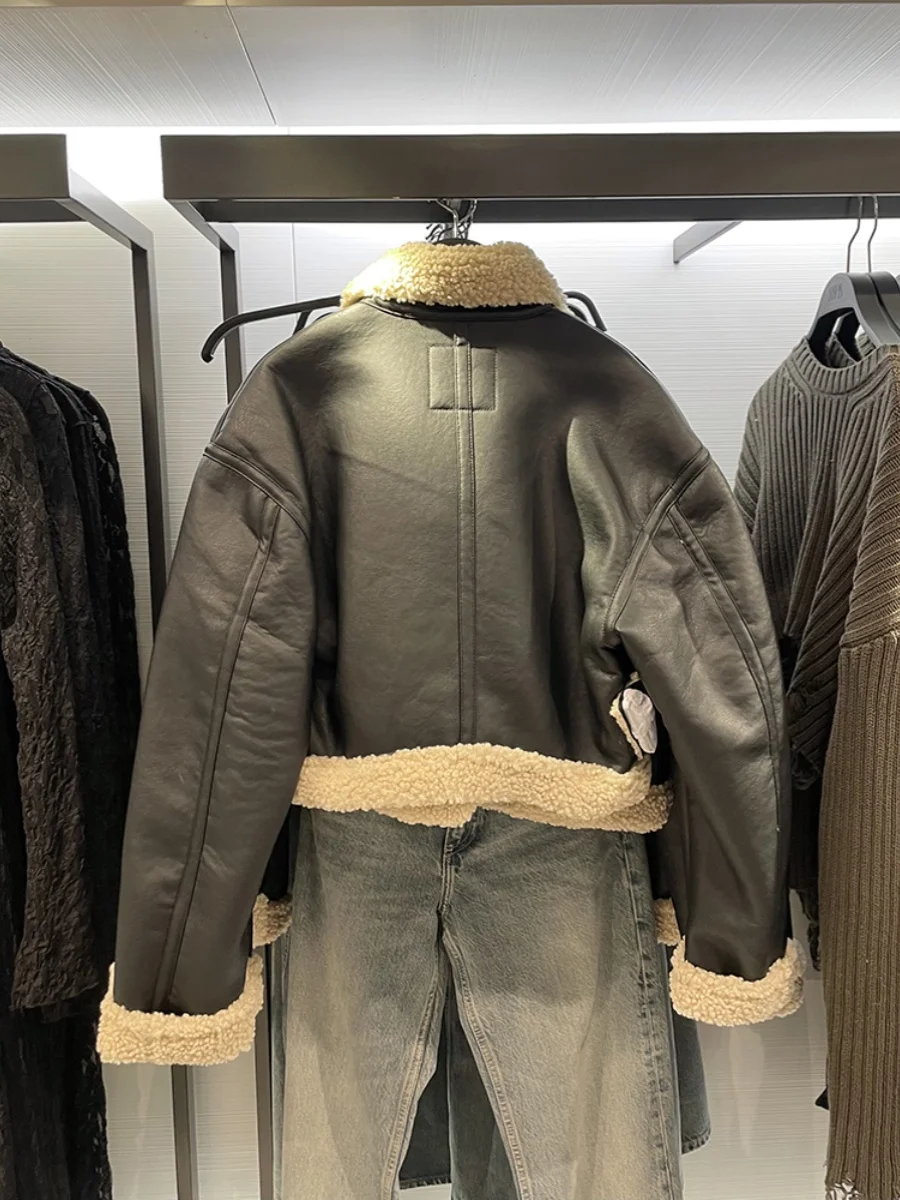 Double-Sided Leather And Fur Jaet Biker Sle Collar Women's Autumn Winter New Faion Outerwear  Collar Zipper ket