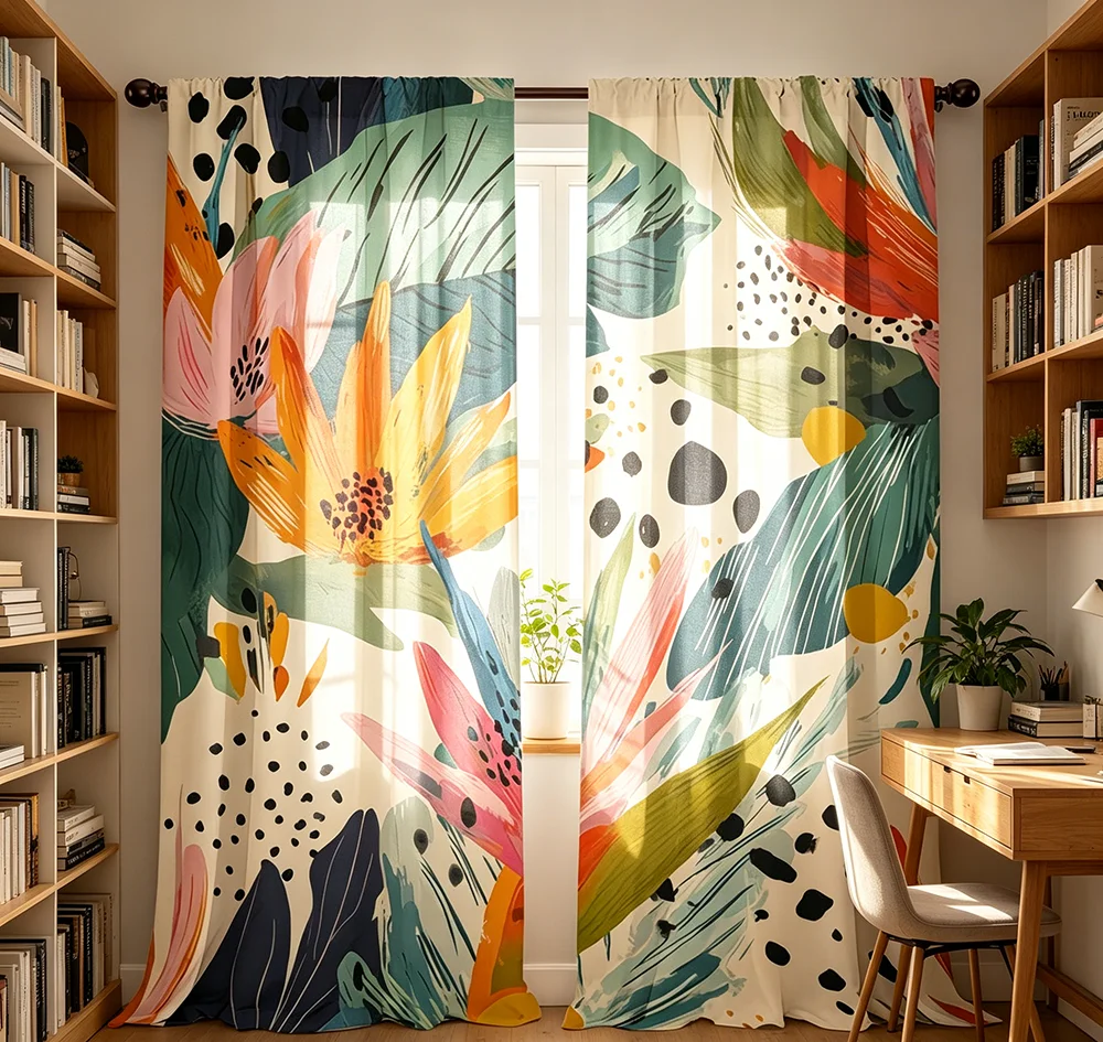 2PCS Digital Printed Curtains, Tropical Paradise Pattern, Artistic Pattern Window Drapes for Living Room Bedroom Decor