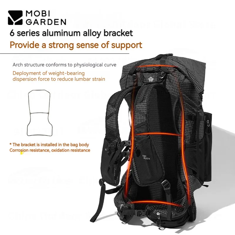 MOBI GARDEN Camping Climbing Backpacks 48+8L Large Capacity Hiking Tourists Bag Aluminum Alloy Bracket 420D Nylon Fabric Mirage