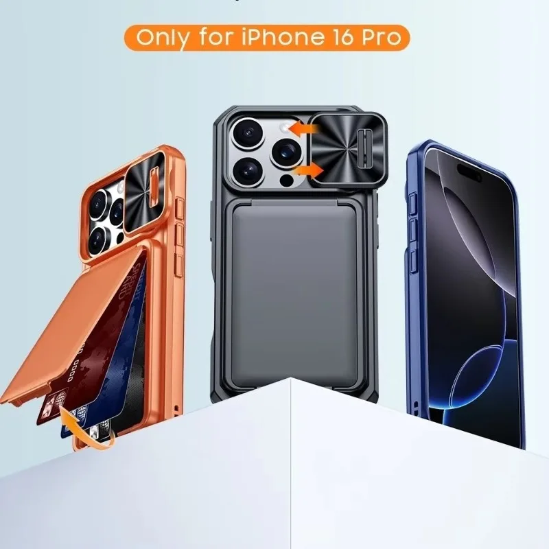 Etui na telefon iPhone 18 Pro Max, 17 Pro, 15 Pro Max z przesuwaną osłoną na aparat i funkcją podstawki, z uchwytem na karty, wykonane z PC+TPU, odporne na upadki. — zdjęcie produktu 2