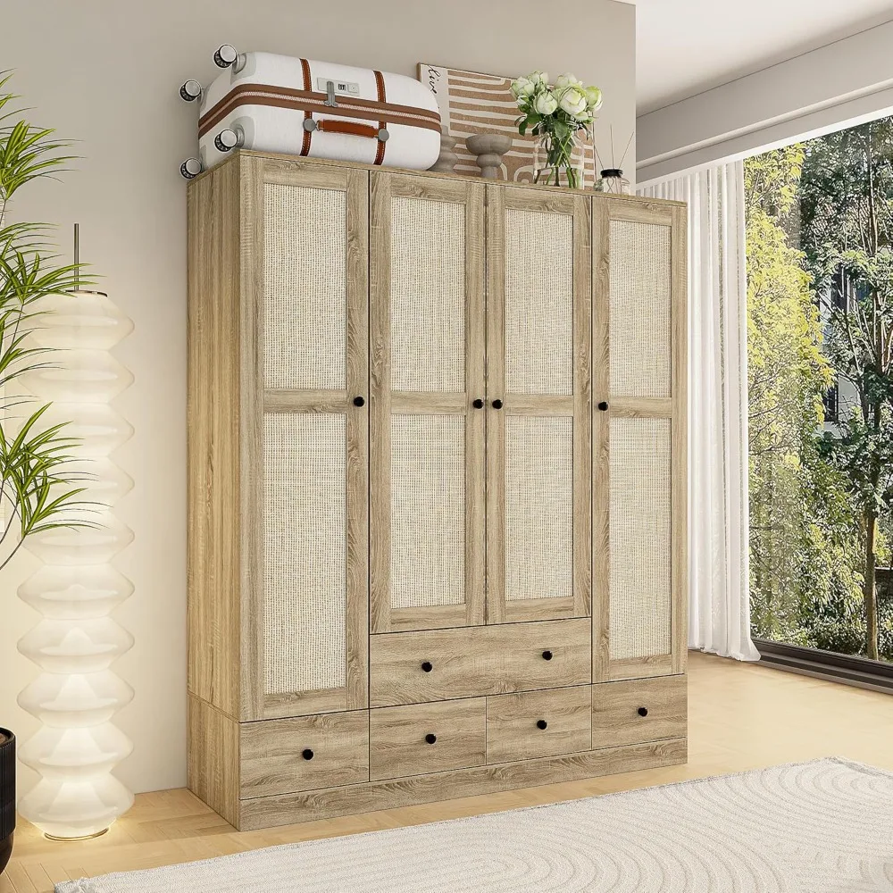 

4 Door Wardrobe Armoire Closet, Bedroom Cabinet Armoire with Rattan Doors, 5 Drawers, 2 Hanging Bars & Shelves