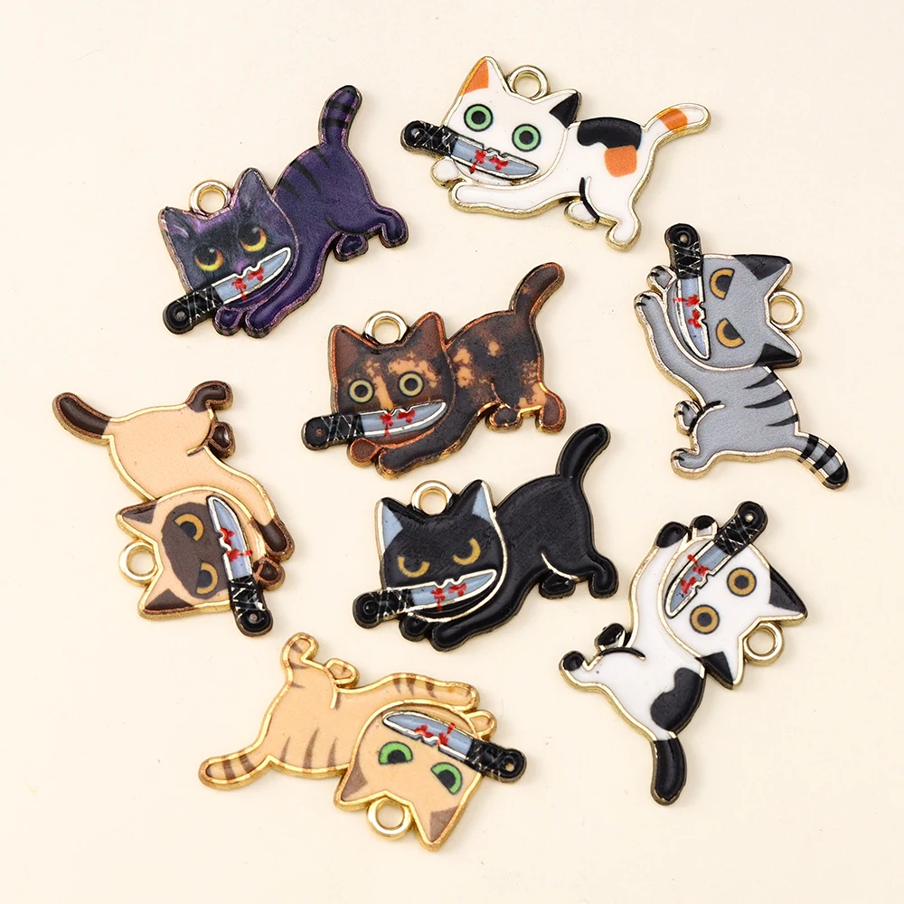 10 Stück 29*17mm Halloween Gruseliges Blutiges Messer Katze Charms Anhänger für Halsketten Ohrringe DIY Halloween Nacht Schmuck Zubehör