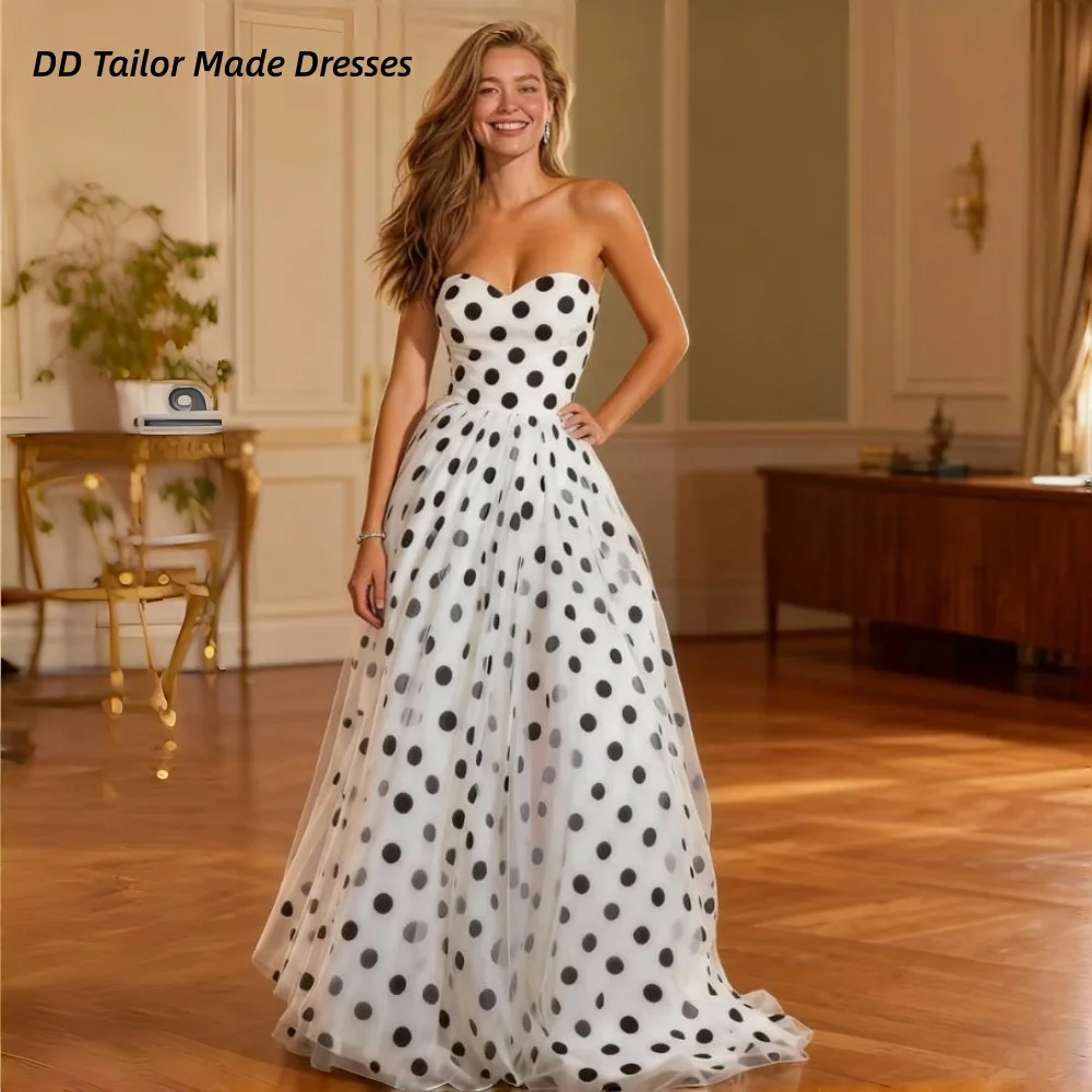 Vintage Polka Dot trouwjurk zwart-wit strapless a-lijn vakantie bruidsjurken vestidos de novia aangepast