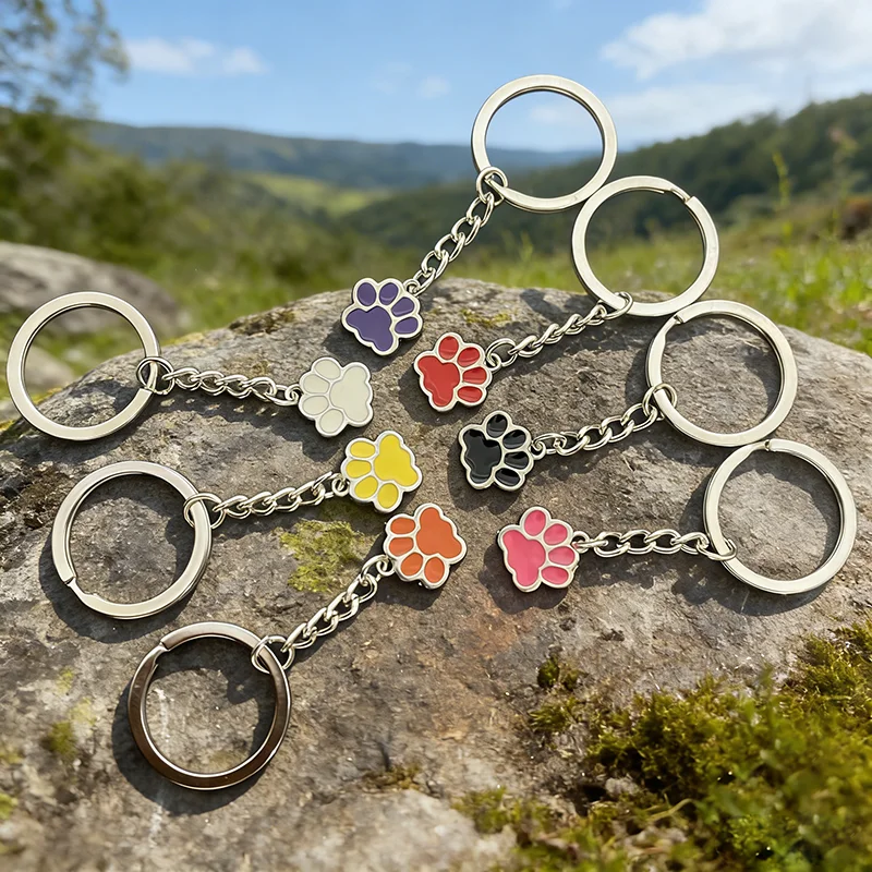 7-teiliges Set Bunte Katzenpfoten-Schlüsselanhänger aus Zinklegierung mit Emaille-Tierpfoten-Anhänger als Taschenanhänger und Geschenk – Detail 3