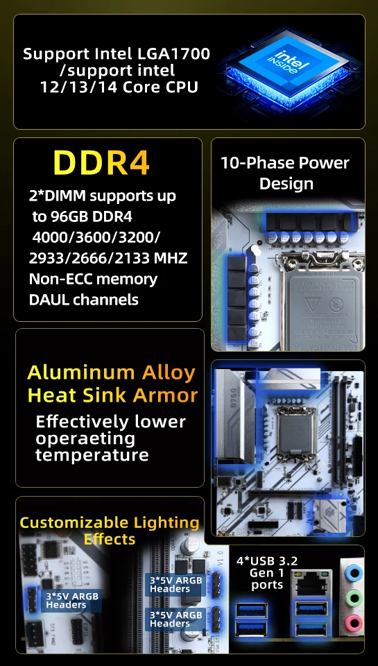 HUANANZHI B760M-D4-B PRO  Motherboard DDR4 LGA 1700 Support Intel Core I3 i5 i7 12th 13th 14th Processor  5V ARGB