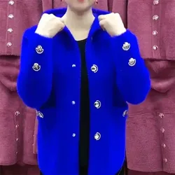 NEW Middle Aged Elderly Mother Imitation Mink Velvet Coat Autumn Winter Thicken Hooded Cardigan Sweaters Women Knitted Jackets
