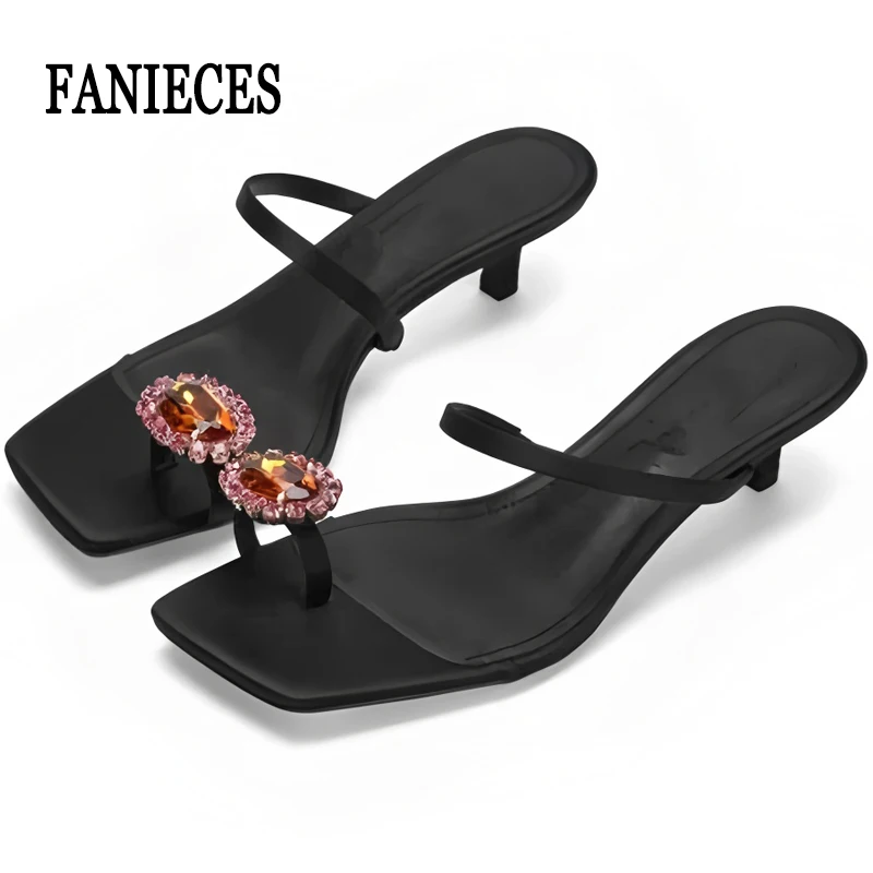 

Gemstone Kitten Heel Women Slipper Street Style Luxury Rhinestone Narrow Band Elegant Sandals Thin Low Heel Outdoor Dress Slides