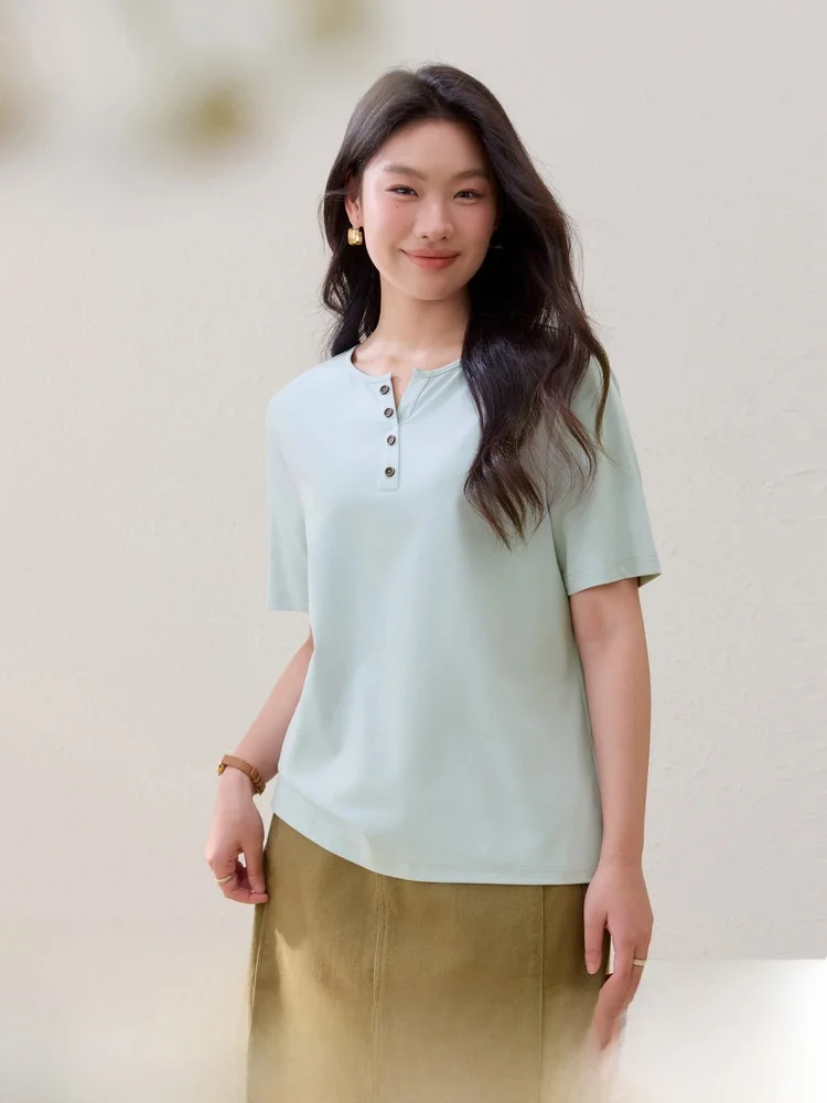 

Мягкая футболка с воротником Хенри, полуоткрытая, свободного кроя, приталенная, летняя новинка, большие размеры, женская одежда, повседневная, из смесового хлопка