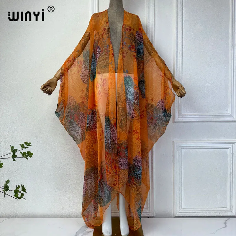 Imagem -05 - Winyi-print Kimono Bikini Cover-ups Boho Maxi Dress Perspective Sexy Loose Holiday Kaftan Vestidos para Mulheres Cardigan de Tamanho Livre Novo