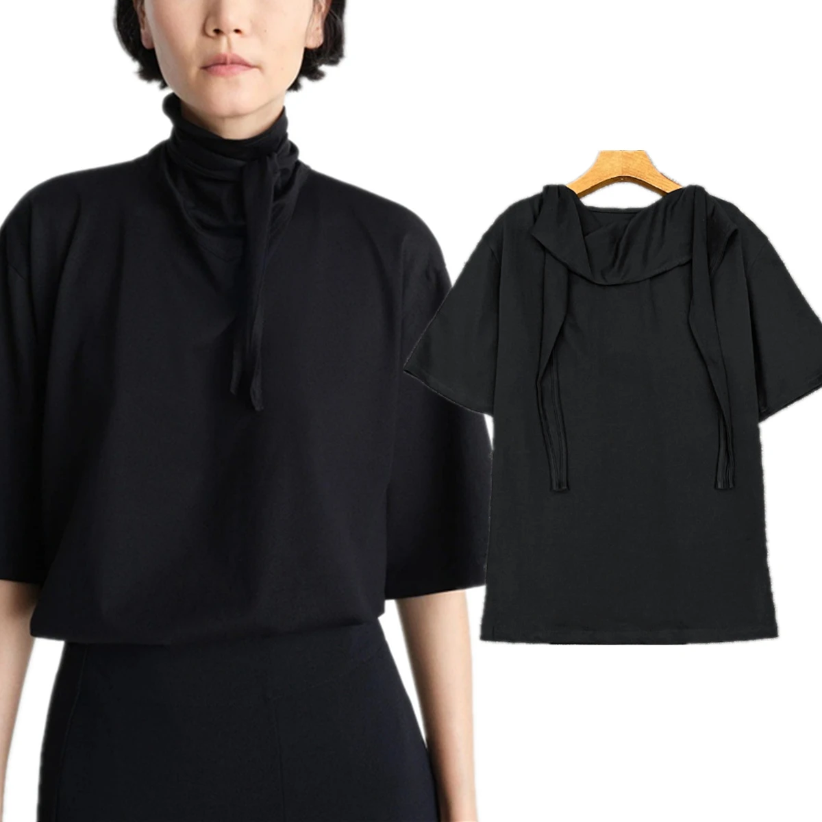 

Maxdutti French Minimalist Loose Scarf Collar Short Sleeved Women's T-shirt 2026 Spring/summer Commuting T-shirt Woman Clothing