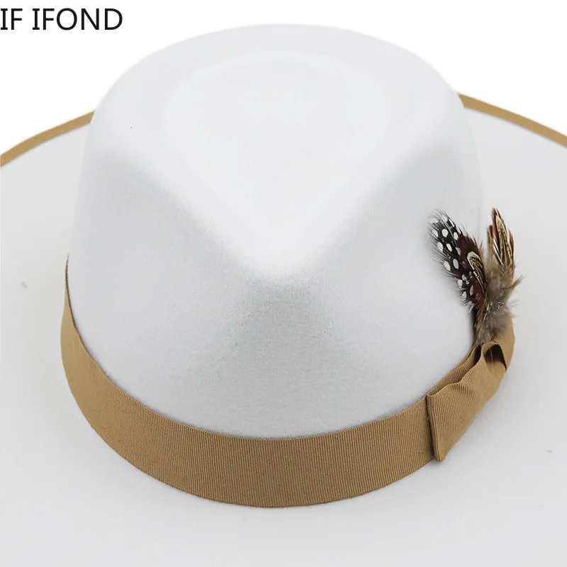 2022 New Feather band Felt Fedora Hats for Women Wide Brim Men Formal Jazz Hats Panama Church Wedding Dress Hat chapeu feminino