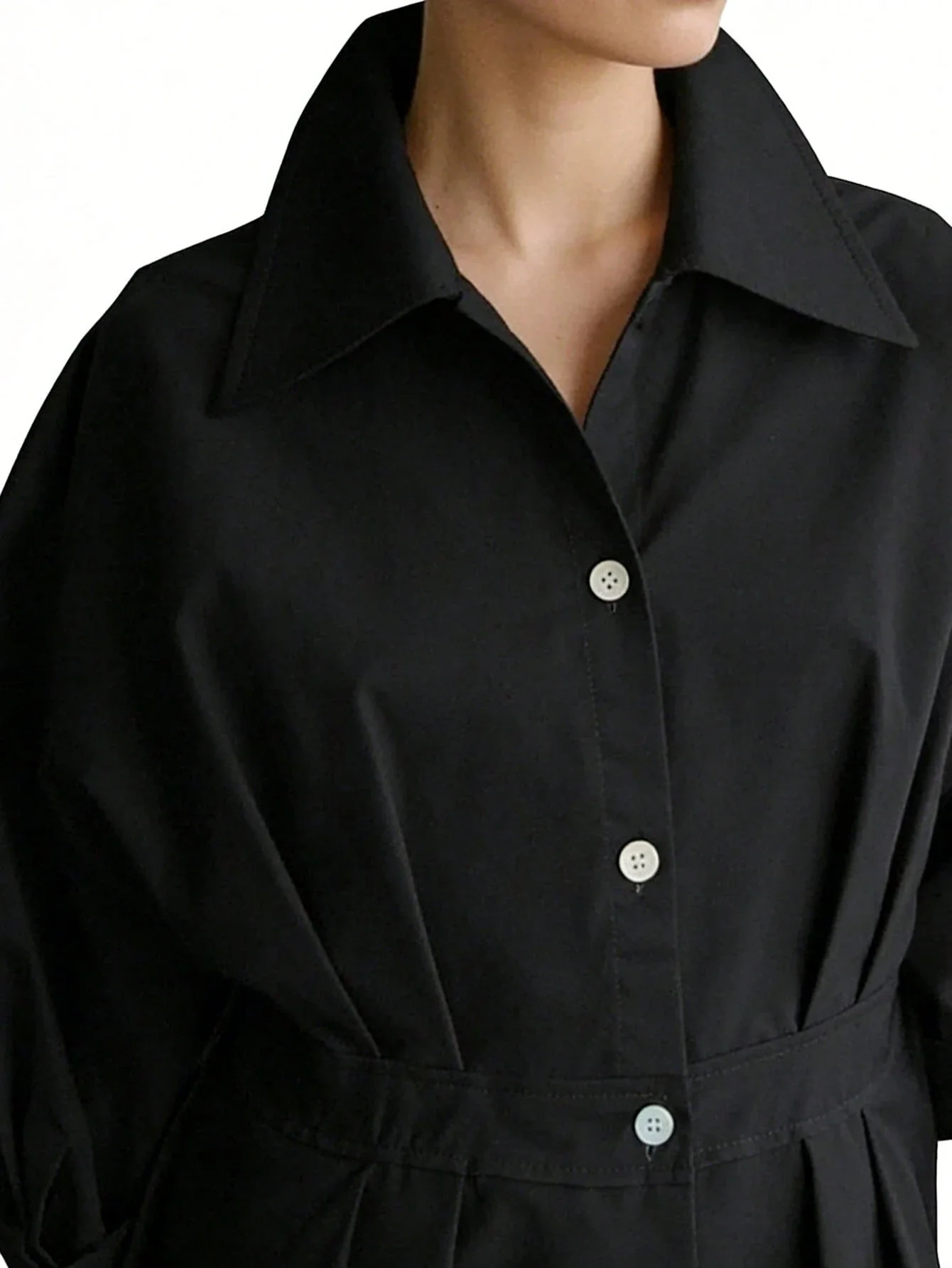 

Black Woven Long Sleeve Pleated Button Front Midi Shirt Dress Collar Elegant Chic
