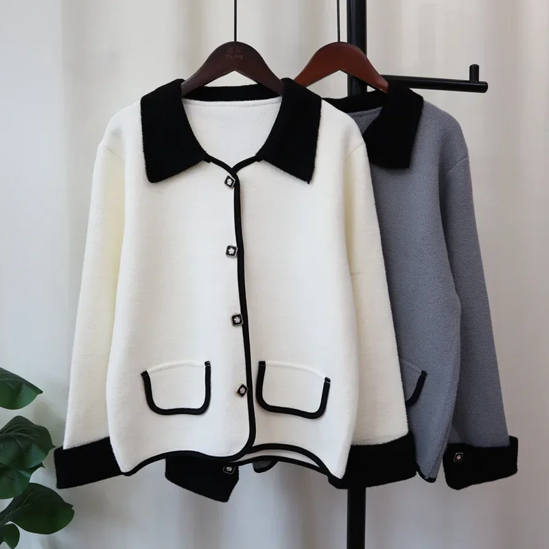 

Patchwork Cardigan Turn Down Collar Knitted Jumpers Women Long Sleeve Single Breasted Sweaters Outerwear Loose Button Casual