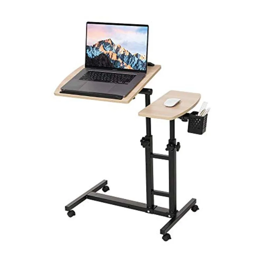 Adjustable Overbed Laptop Table Tilting Top with Mouse Pad, Height Adjustable Rolling Bedside Desk with Wheels for Home, Hospit