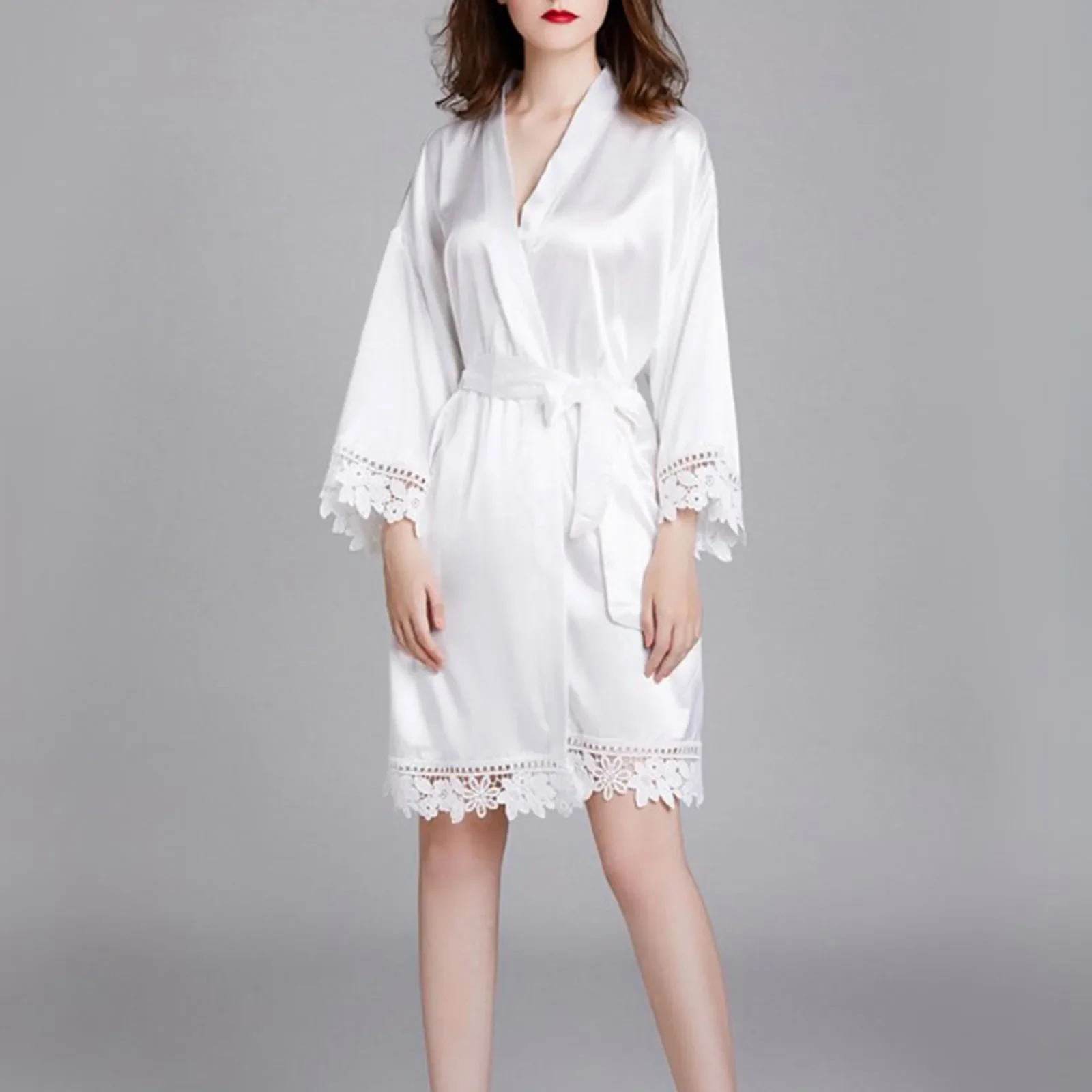 Dressing Gown Women'S Silk Robe Lace Kimono Bridal Silk Robe Bridesmaids Wedding Pajamas Bathrobe Pajamas For Summer Casual