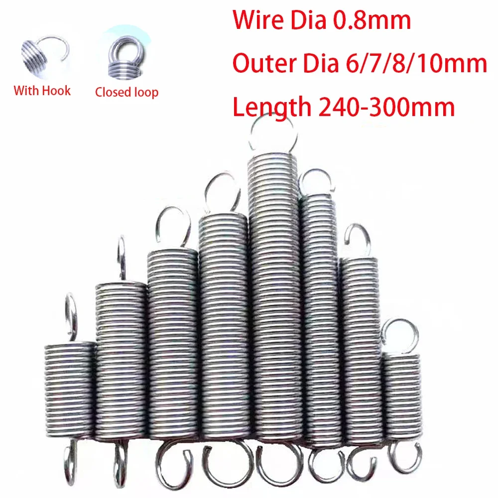 1pcs L 240-300mm Closed loop/With Hook Extension Springs Wire Dia 0.8mm Outer Dia 6/7/8/10mm 304 Stainless Steel Tension Spring