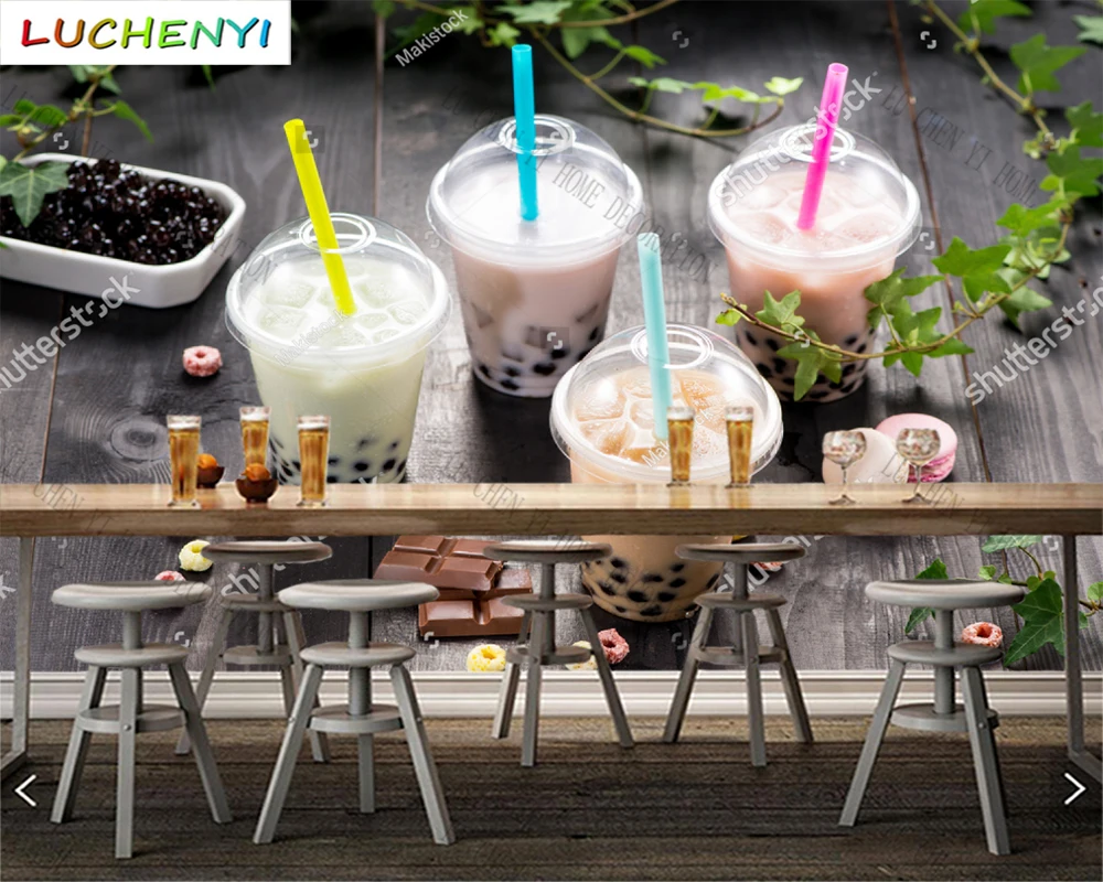 Custom color bubble tea mural wallpaper restaurant leisure time drinking shop kitchen dining room wall papers home decor sticker