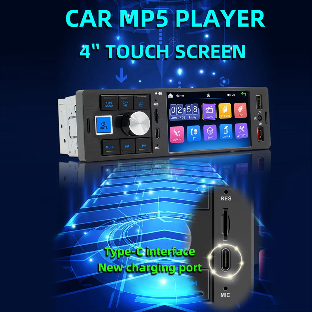 Bluetooth Car Radio 1 Din 4.1 Inch Touch Screen MP5 Player Type C Charging USB TF Hands Free 7 Colors Lighting ISO Head Unit M60