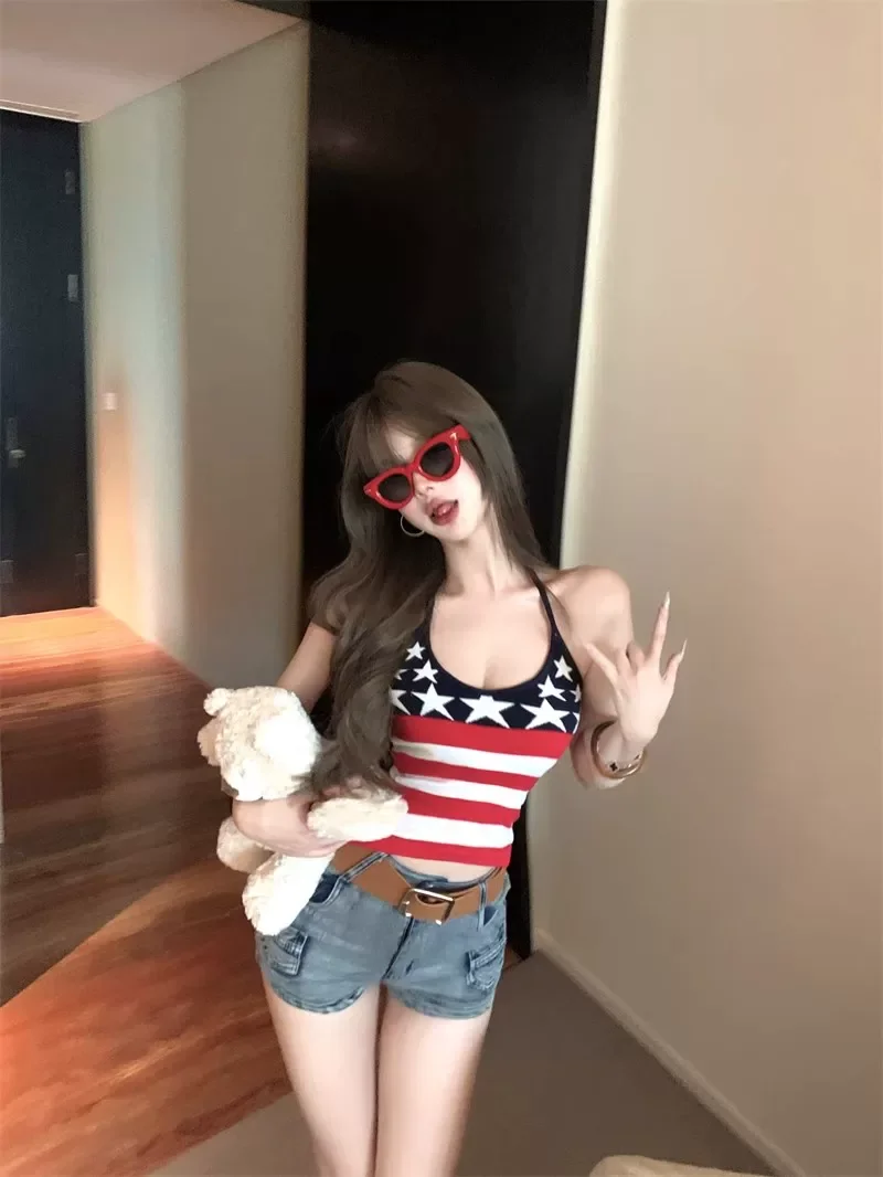Korean Japanese Style Star Color Contrast Striped Halter Cami Top, Women Summer Slim Fit Backless Tank Top, Popular usa Style