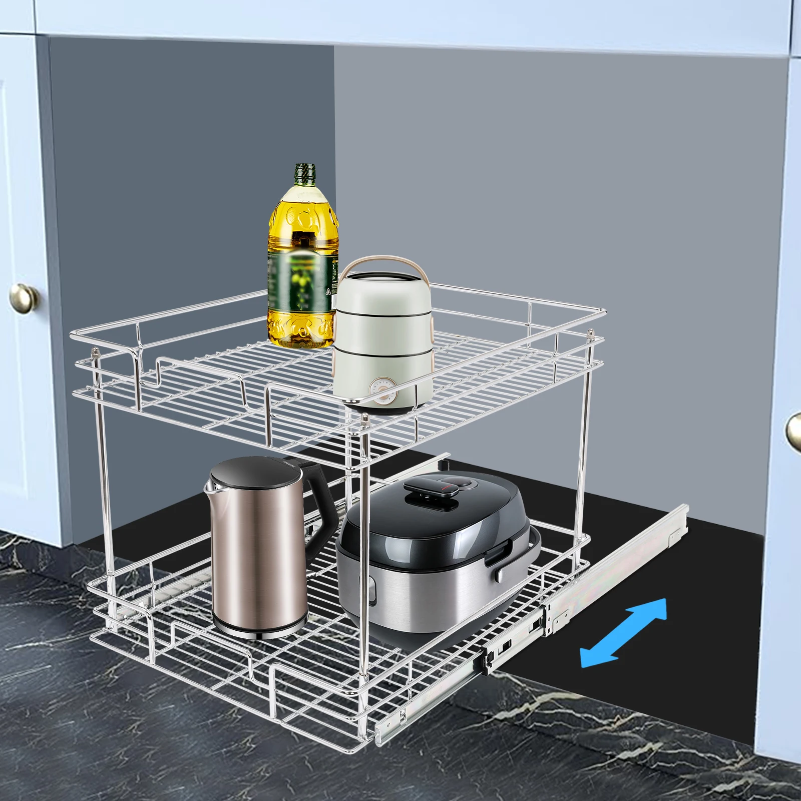 

2-Tier Pull-Out Kitchen Cabinet Organizer Adjustable Height Large Capacity Bowls Plates Jars Sliding Storage Sliding Shelves