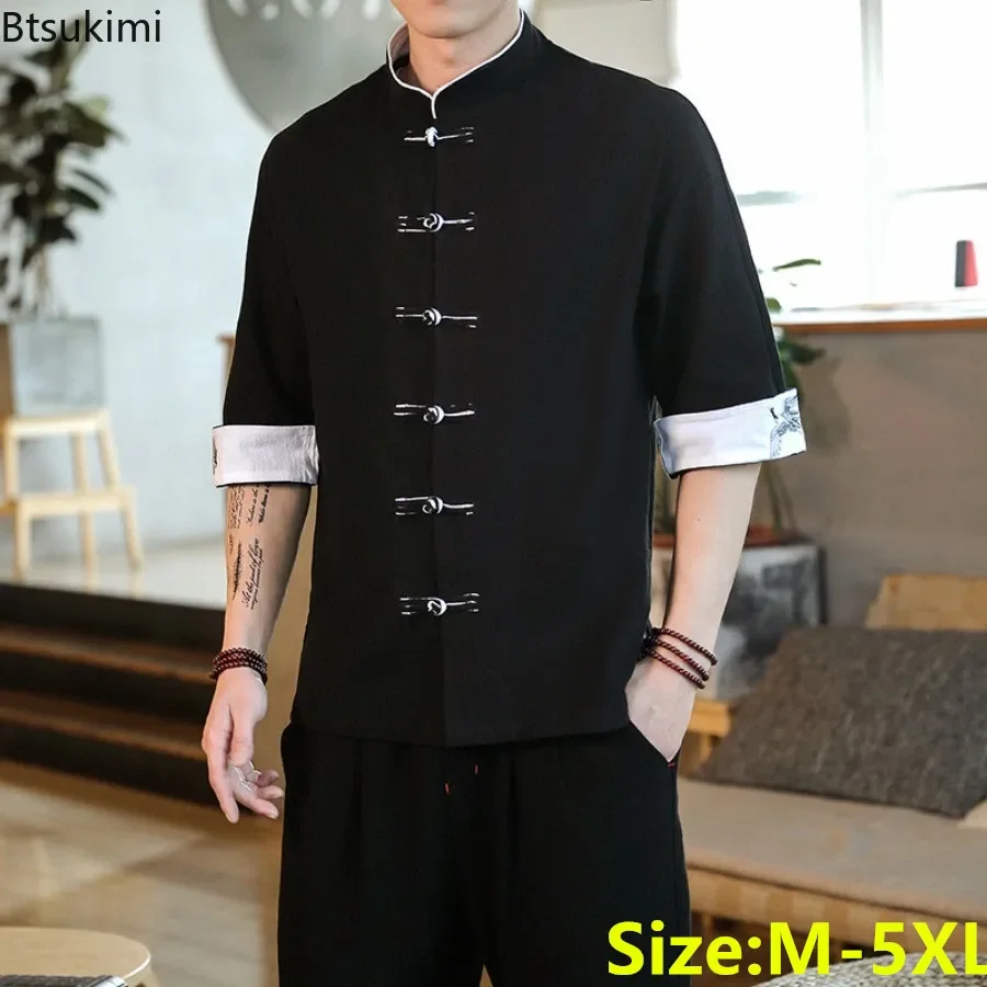 

Chinese Style Hanfu Shirt 2025 Men's Vintage Embroidery Patchwork Traditional Clothing Men Stand Collar T-shirts Tops Tang Suit