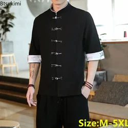 Chinese Style Hanfu Shirt 2026 Men's Vintage Embroidery Patchwork Traditional Clothing Men Stand Collar T-shirts Tops Tang Suit
