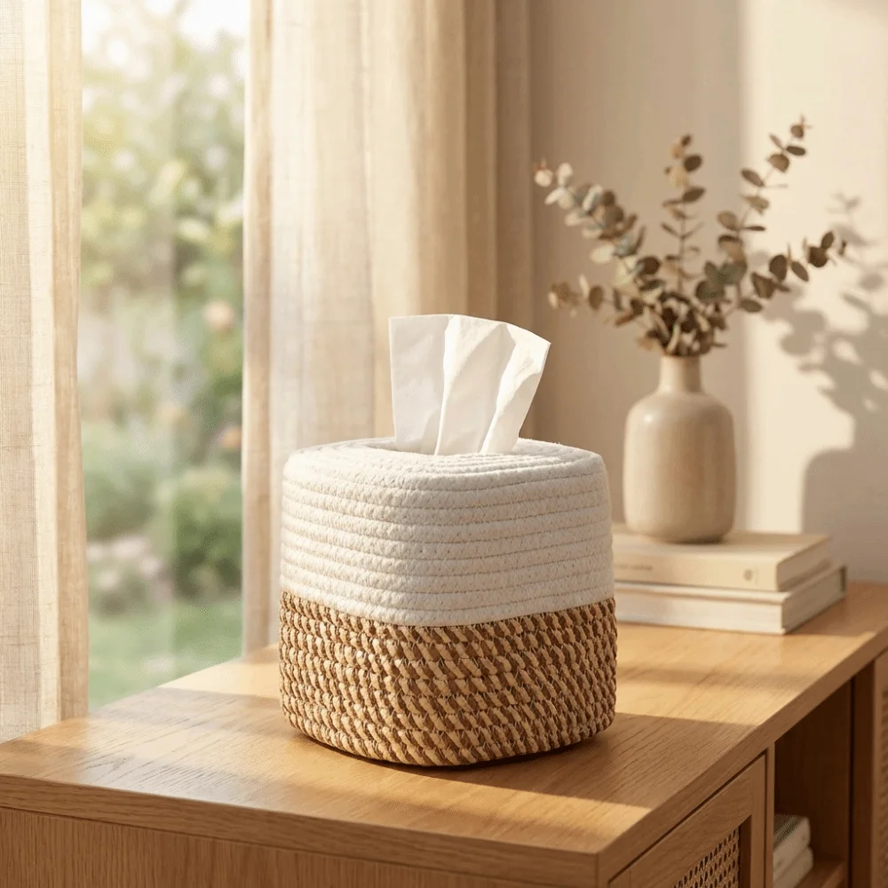 

Rustic Woven Tissue Box Cotton Thread Square Napkin Storage Box Hand-woven Decorative Minimalist Tissue Box Home Decor