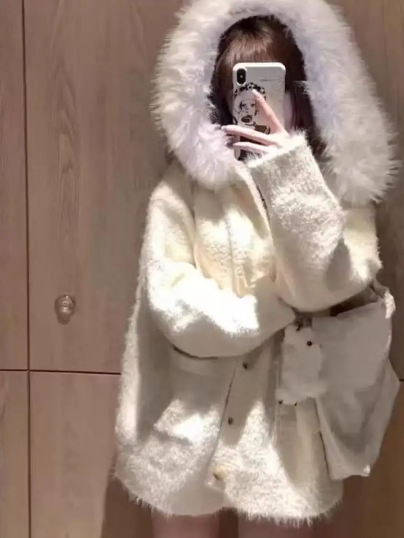 

Женский вязаный свитер большого размера с капюшоном и большим меховым воротником, мягкая уютная осенне-зимняя модная верхняя одежда