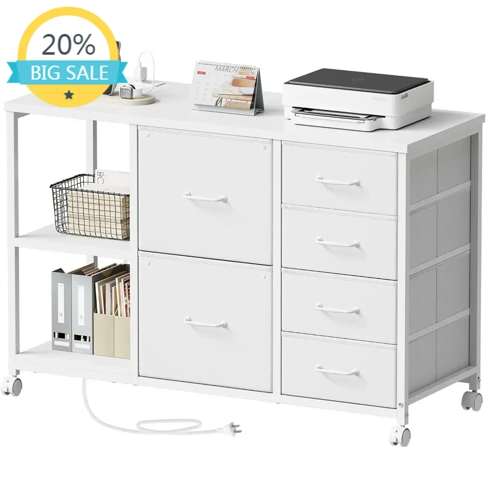 

Бестселлер: шкаф для документов с 6 ящиками, зарядной станцией, подставкой для принтера на колесиках, открытой полкой для хранения и тканевой боковой секцией для файлов.