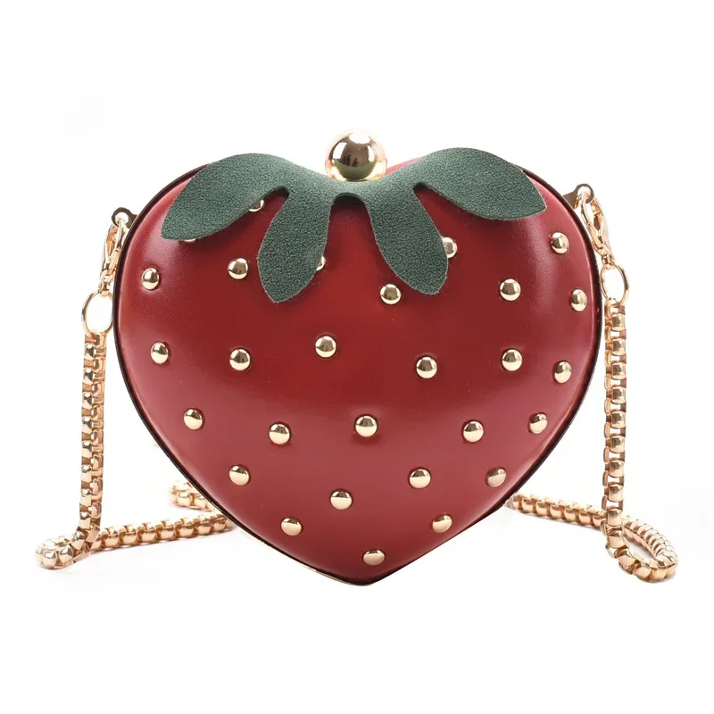 2024 Summer Fashion Cute Heart Strawberry Bag Small Fresh Chain Messenger Bag Rivet Women\'s Shoulder Bag