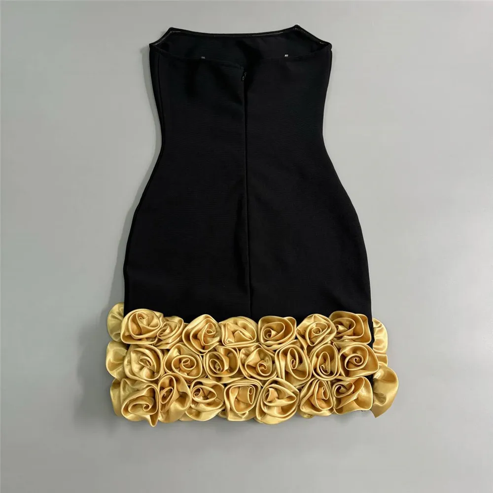 Women Elegant Bandage Dress New Arrival Fashion Gold Flowers Sexy Bodycon Clothes Club Party Strapless Dresses